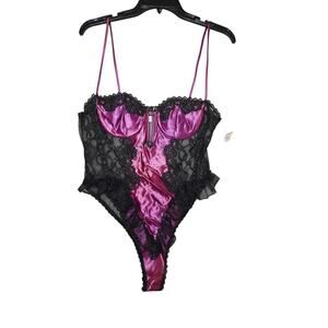 Frederick's of Hollywood Magenta Satin Lace Bodysuit - Size L- Made in USA